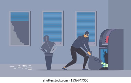 Bank robbery attempt flat vector illustration. Dangerous robber with money bag, criminal in mask cartoon character. Disguised thief stealing cash from ATM machine, law violation, night burglary