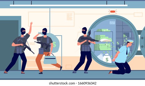 Bank robbery. Banking robbers with money. Cartoon thieves, finance crime. Protection or security financial organization vector illustration