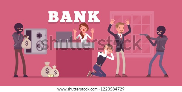 Bank robbery by masked criminals. Gangsters\
armed attack with force, violence organized to steal money from\
financial institution, poor office security service. Vector flat\
style cartoon\
illustration