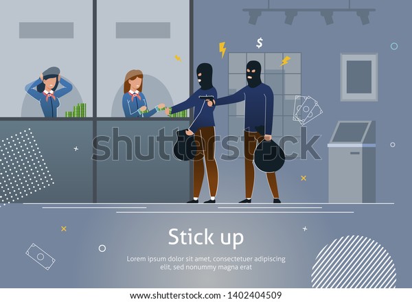 Bank
Robbery by Masked Criminals Banner Vector Illustration. Gangsters
Armed Attack with Force, Violence Organized to Steal Money from
Financial Institution, Poor Office Security
Service.