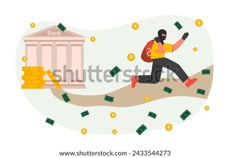 Bank robbery concept. Man with blak bag run near banknotes and golden coins. Criminal at crime scene. Thief with cash. Cartoon flat vector illustration isolated on white background