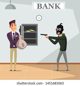 Bank robbery crime flat vector illustration. Armed gangster attacking banker. Robber forcing bank and manager give money. Criminal in mask holding shotgun cartoon characters