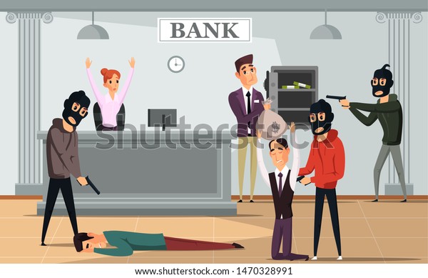 銀行強盗犯罪のフラットベクターイラスト 銀行を襲う武装ギャング 強盗は銀行員 や顧客に金を出させる ショットガンの漫画のキャラクターを持つ仮面の犯罪者 のベクター画像素材 ロイヤリティフリー