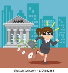 Bank Robbery Crime Woman Running Away Bank, illustration vector cartoon