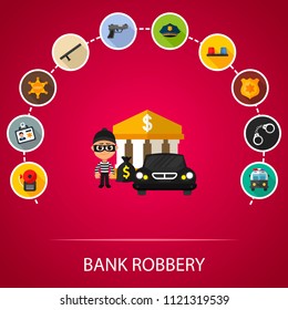 Bank robbery flat icons concept. Vector illustration. Element template for design.