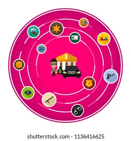 Bank robbery flat icons concept. Vector illustration. Element template for design.