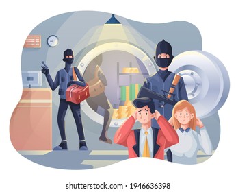 Bank Robbery Illustration, Taking Money in the Safe Vault and Taking Bank Clerk to be Hostages. This illustration can be used for website, landing page, web, app, and banner.