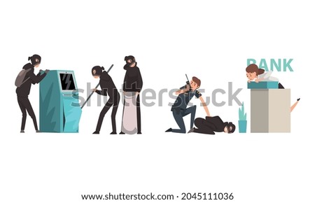 Bank Robbery with Masked Man Breaking ATM and Police Officer Arresting Guy Committing Crime Vector Set