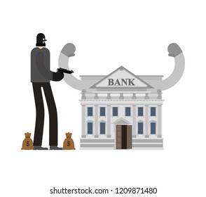 Bank robbery. Robber and bag of money. burglar in mask. plunderer Vector illustration

