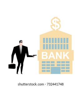 Bank robbery. Robber and bank building. Pistol and mask of mugger. Vector illustration