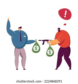 Ilustración del vector del robo bancario. Hombre armado enmascarando amenazando a empleados del banco, trabajador entregando una bolsa llena de dinero con un cartel en dólares, ladrón robando una bolsa de almacenamiento. Concepto de robo
