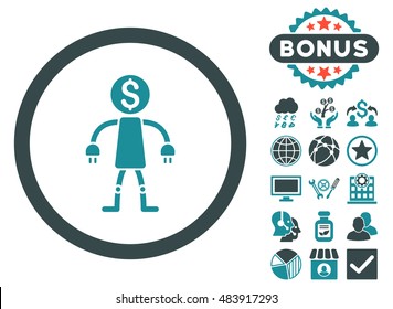 Bank Robot icon with bonus elements. Vector illustration style is flat iconic bicolor symbols, soft blue colors, white background.