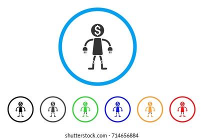 Bank Robot icon. Vector illustration style is a flat iconic bank robot gray rounded symbol inside light blue circle with black, gray, green, blue, red, orange color versions.