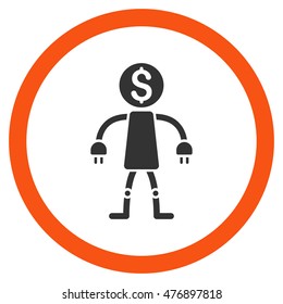 Bank Robot vector bicolor rounded icon. Image style is a flat icon symbol inside a circle, orange and gray colors, white background.