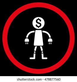 Bank Robot vector bicolor rounded icon. Image style is a flat icon symbol inside a circle, red and white colors, black background.