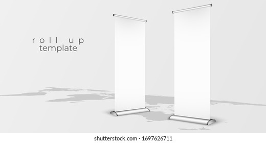 Bank Roll up on World Map. White and Grey Template Mock up for advertising. 3d Perspective illustration