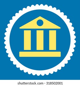 Bank round stamp icon. This flat vector symbol is drawn with yellow and white colors on a blue background.