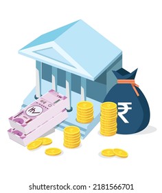 Bank with rupee bundle, money bag  coin
showing NPA, bad loan concept vector illustration