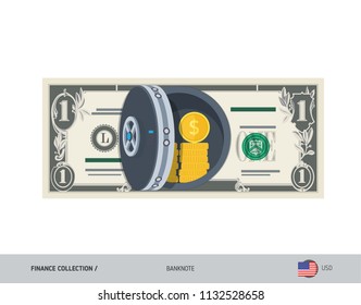 Bank safe with 1 US Dollar Banknote. Flat style vector illustration. Safe money concept.