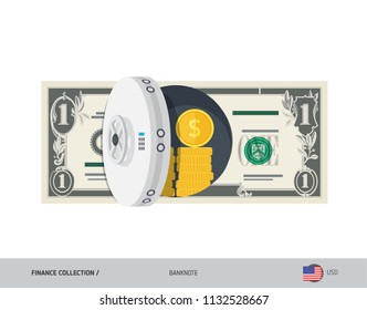Bank safe with 1 US Dollar Banknote. Flat style vector illustration. Safe money concept.