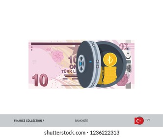 Bank safe with 10 Turkish Lira Banknote. Flat style vector illustration. Safe money concept.
