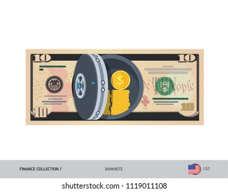 Bank safe with 10 US Dollar Banknote. Flat style vector illustration. Safe money concept.