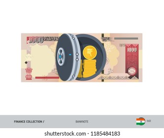 Bank safe with 1000 Indian Rupee Banknote. Flat style vector illustration. Safe money concept. svg