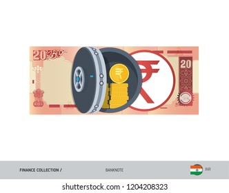 Bank safe with 20 Indian Rupee Banknote. Flat style vector illustration. Safe money concept.