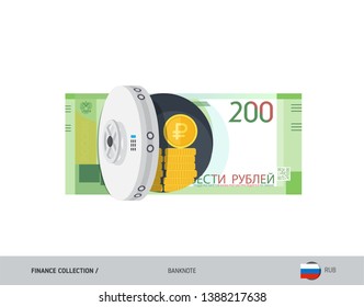 Bank safe with 200 Russian Ruble banknote. Flat style vector illustration. Safe money concept.