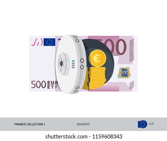 Bank safe with 500 Euro Banknote. Flat style vector illustration. Safe money concept.