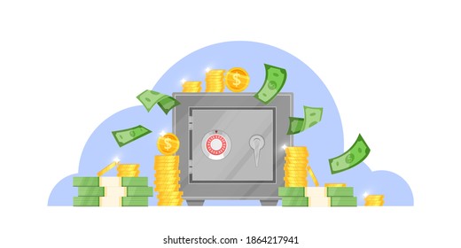 Bank safe box vector illustration with flying money bills, stacked dollar coins, closed door with secure lock. Finance and wealth concept with strongbox front view.Iron bank safe flat isolated clipart