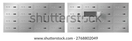 Bank safe boxes. Vector solid metal lockboxes construction with secure locking system. Storage spaces with opened and closed units. Protection and security. Banking service and asset safety