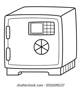 Caja fuerte con llave combinada y teclado. Un símbolo de fiabilidad, ahorro bancario. Icono lineal. Ilustración de vector blanco y negro dibujada a mano. Aislado sobre un fondo blanco.