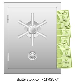 Bank safe with dollar banknotes. Vector illustration.