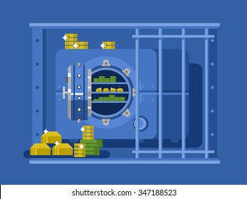 Bank safe flat design. Money and wealth, protection safety, finance deposit, business security, vector illustration