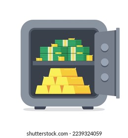 Bank safe front view. Opened with money inside and gold bars. Vector.