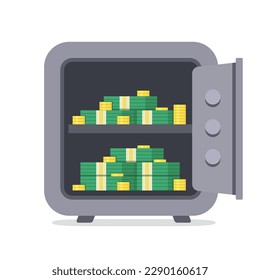 Bank safe front view. Opened with money inside and gold bars. Vector.