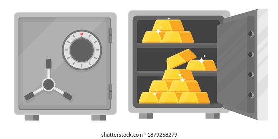 Bank safe gold bar, ingnots. Flat vector cartoon illustration on white background. Equipment for the safe storage of money. Protection, guarantee of bank deposits.