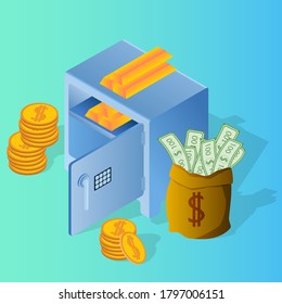 Bank safe gold bars coins and a bag of money.Concept of banking work.Financial activity .Banking security.Isometric vector illustration.