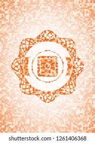 bank safe icon inside abstract emblem, orange mosaic background