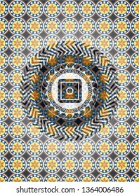 bank safe icon inside arabesque badge background. arabic decoration.