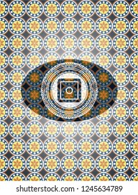bank safe icon inside arabic emblem background. Arabesque decoration.
