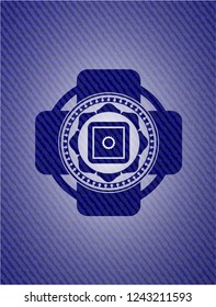 bank safe icon inside badge with jean texture