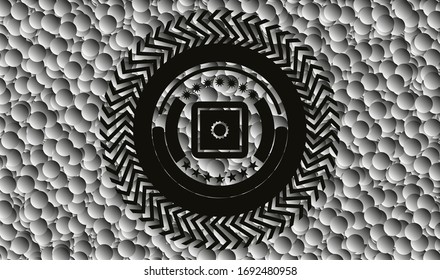bank safe icon inside black emblem with grey bubbles background. Vintage. Vector Illustration. Detailed.