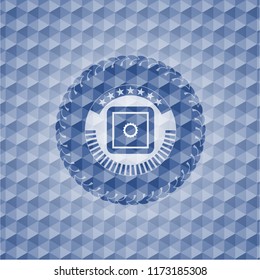 bank safe icon inside blue hexagon badge.
