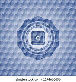 bank safe icon inside blue emblem or badge with geometric pattern background.