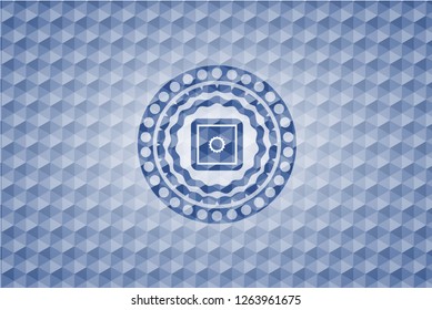 bank safe icon inside blue emblem with geometric pattern background.