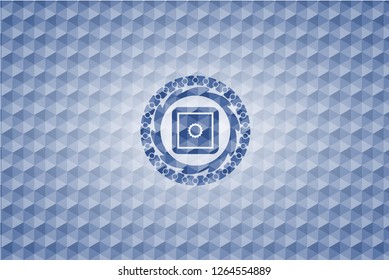 bank safe icon inside blue emblem with geometric background.