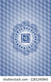 bank safe icon inside blue emblem with geometric pattern.