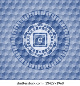 bank safe icon inside blue emblem with geometric pattern background.